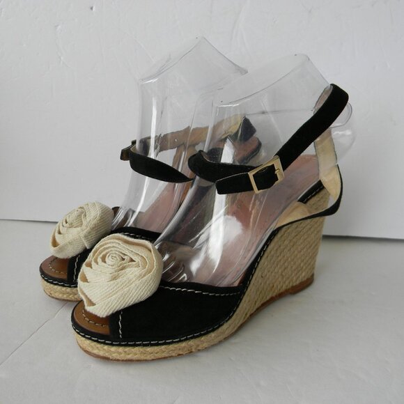 Kate Spade BRIT Black Cream Flower  Suede ESPADRILLE Wedge Sandals SZ 7 - Picture 2 of 10